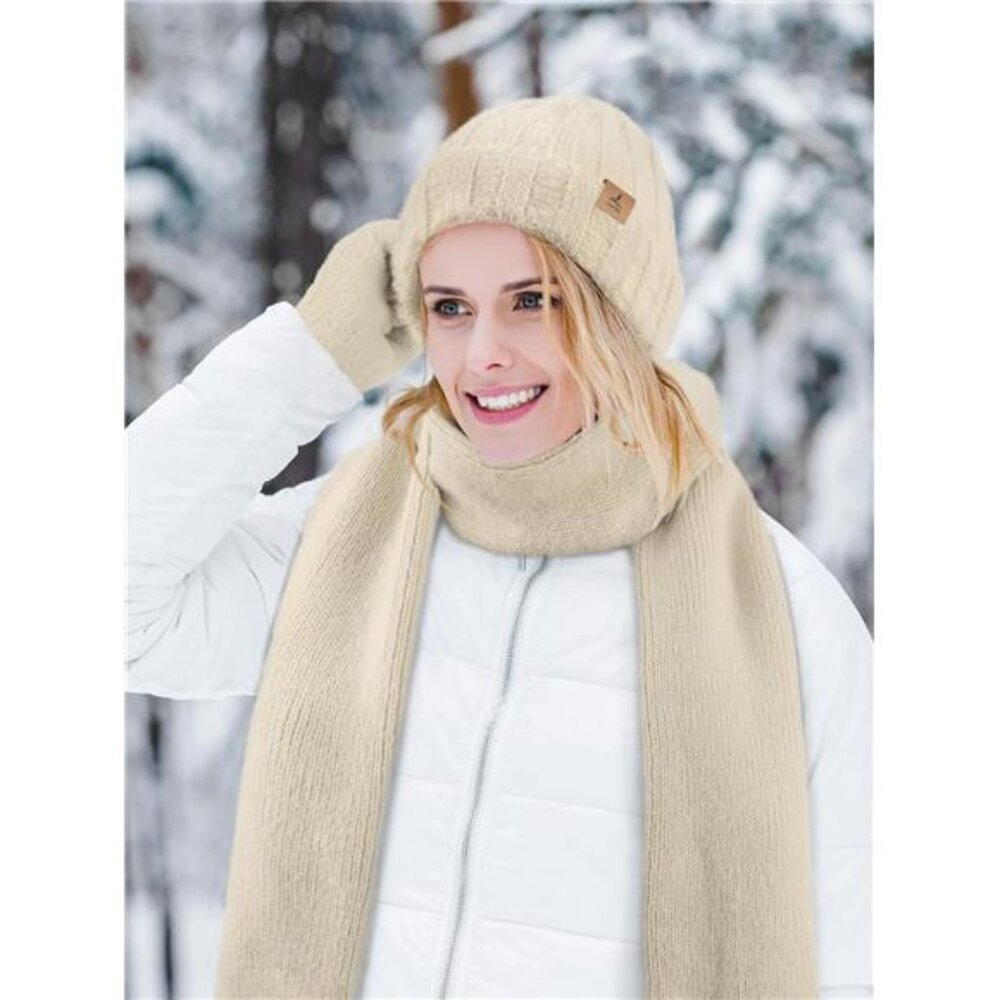 Winter Beanie Hat Scarf Gloves, Warm Fleece Knit Hat Long Scarf Neck Warmer - Picture 5 of 7